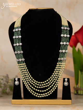 Beaded necklace multilayer mint green beads necklace with white cz stones pendant