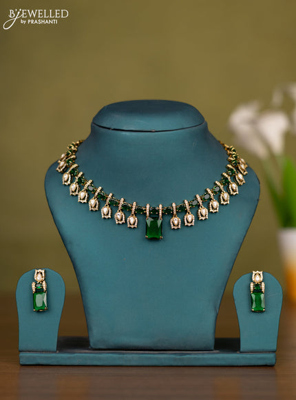 Necklace with emerald & kundan cz stones in victorian finish
