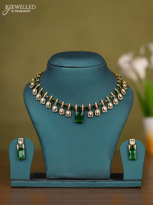Necklace with emerald & kundan cz stones in victorian finish