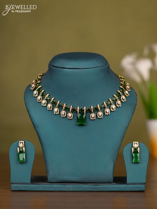 Necklace with emerald & kundan cz stones in victorian finish