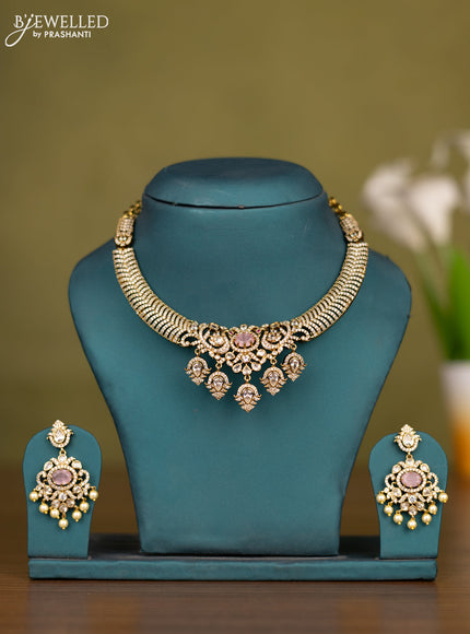 Necklace with baby pink & cz stones and pearl hangings in victorian finish