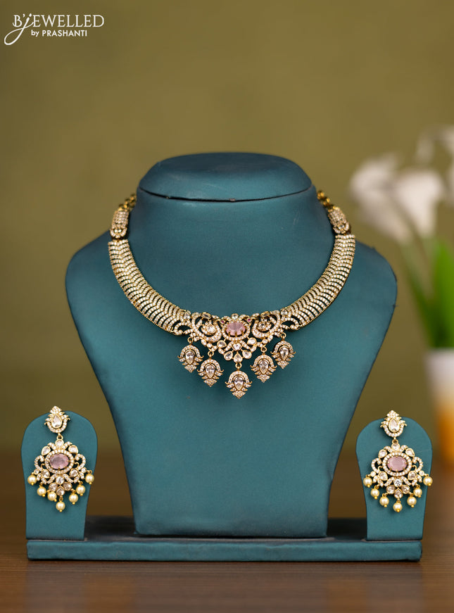 Necklace with baby pink & cz stones and pearl hangings in victorian finish