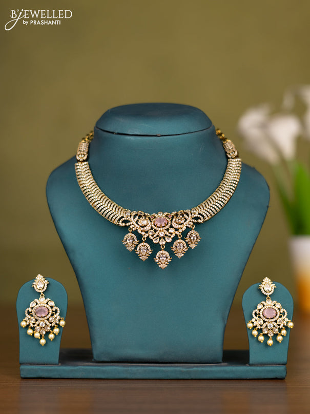 Necklace with baby pink & cz stones and pearl hangings in victorian finish