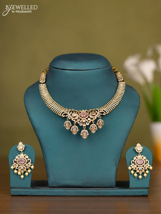 Necklace with baby pink & cz stones and pearl hangings in victorian finish