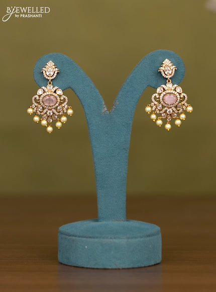 Necklace with baby pink & cz stones and pearl hangings in victorian finish