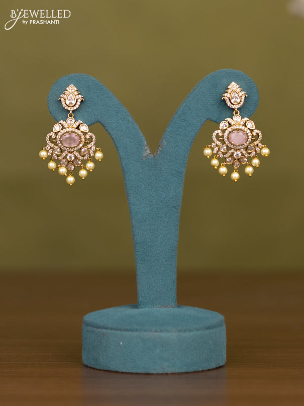 Necklace with baby pink & cz stones and pearl hangings in victorian finish