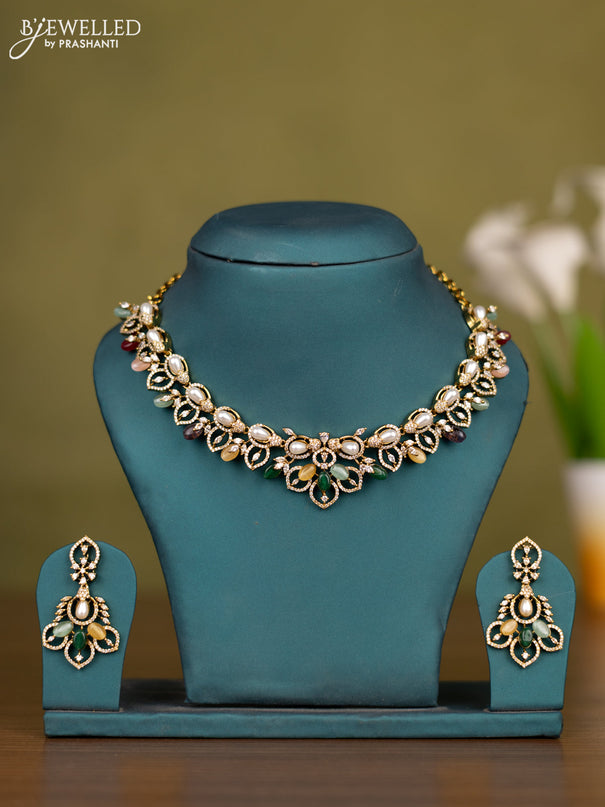 Necklace with cz stones and multicolour beads in victorian finish