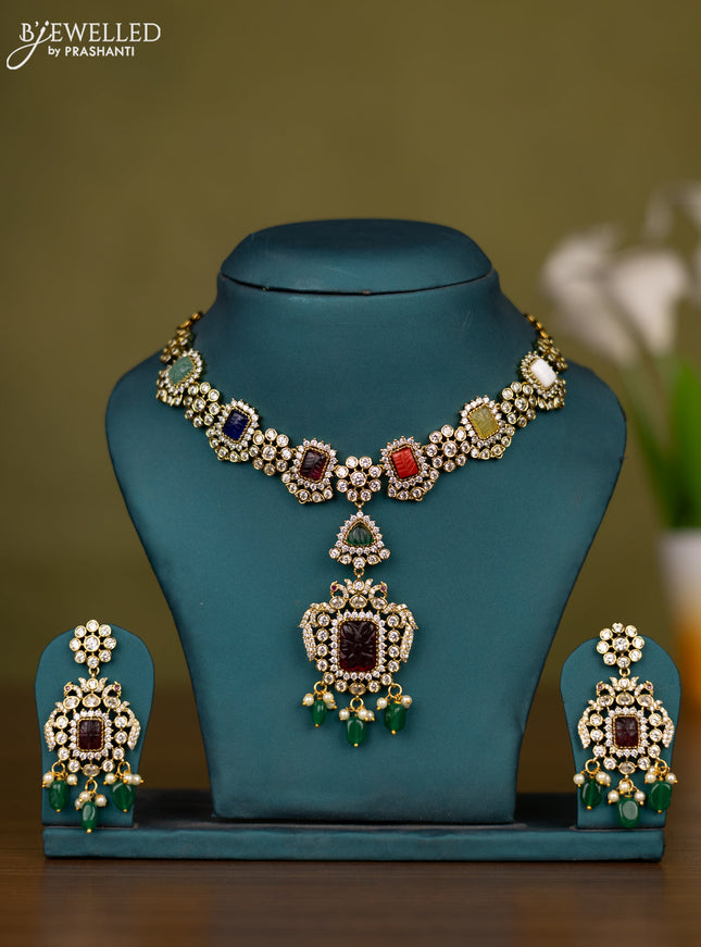 Necklace with multicolour & cz stones and pearl & green beads hangings in victorian finish