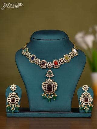 Necklace with multicolour & cz stones and pearl & green beads hangings in victorian finish