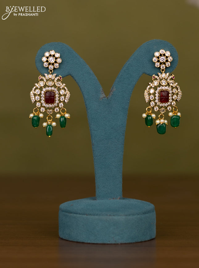 Necklace with multicolour & cz stones and pearl & green beads hangings in victorian finish