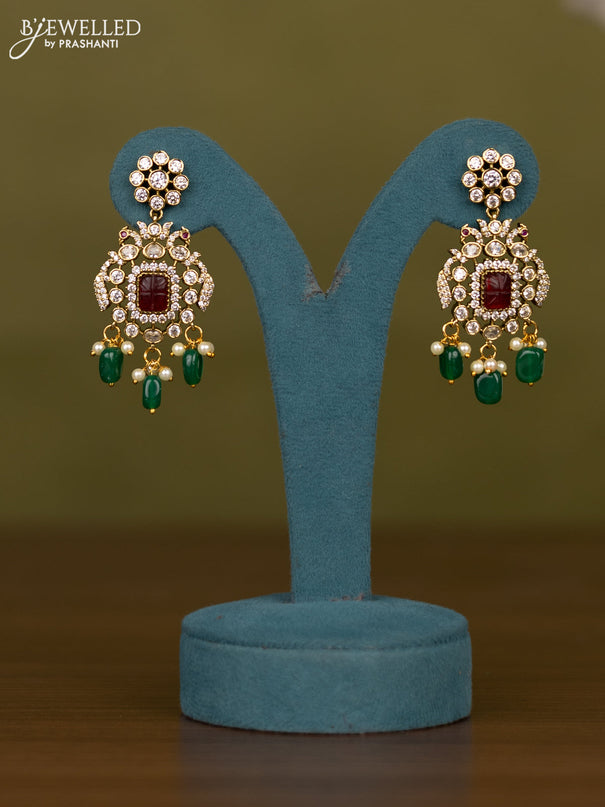 Necklace with multicolour & cz stones and pearl & green beads hangings in victorian finish