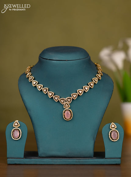 Necklace geometric design with baby pink & cz stones in victorian finish