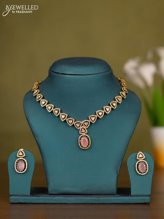 Necklace geometric design with baby pink & cz stones in victorian finish
