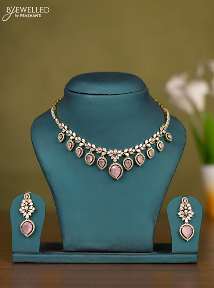 Necklace with baby pink & cz stones in victorian finish