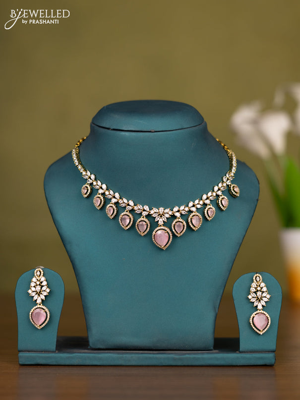 Necklace with baby pink & cz stones in victorian finish