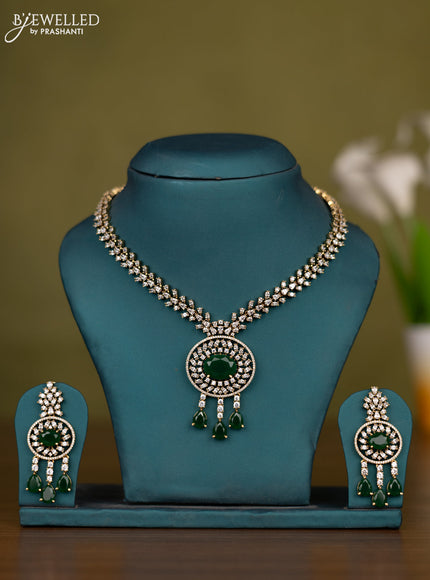 Necklace with emerald & cz stones and hangings in victorian finish