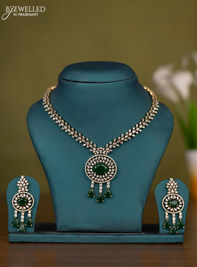 Necklace with emerald & cz stones and hangings in victorian finish