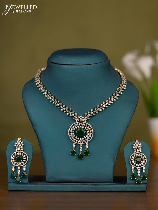 Necklace with emerald & cz stones and hangings in victorian finish