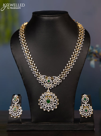 Zircon necklace tear drop deisgn with cz and green stones in gold finish