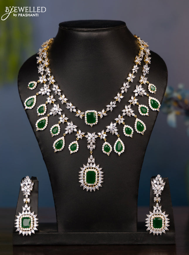 Zircon necklace with two layers cz and green stones in gold finish