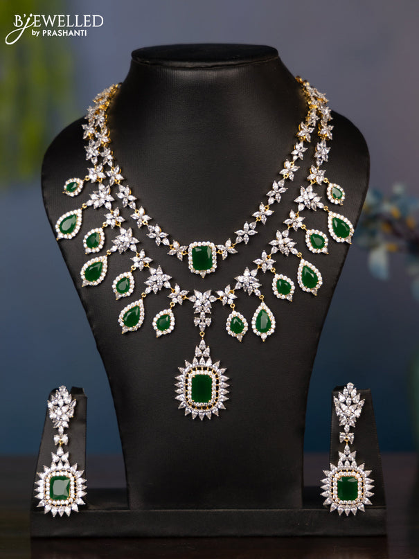 Zircon necklace with two layers cz and green stones in gold finish