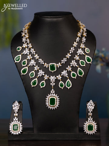 Zircon necklace with two layers cz and green stones in gold finish