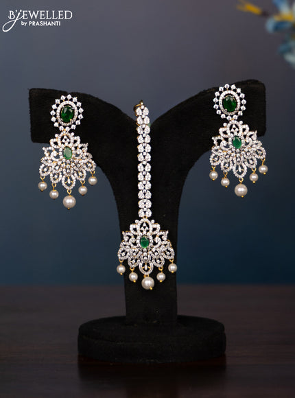 Zircon necklace leaf deisgn with cz and green stone with maang tikka in gold finish