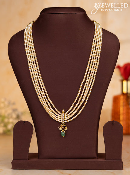 Pearl multilayer necklace with kemp & cz stones and pearl & green beads hangings without earrings