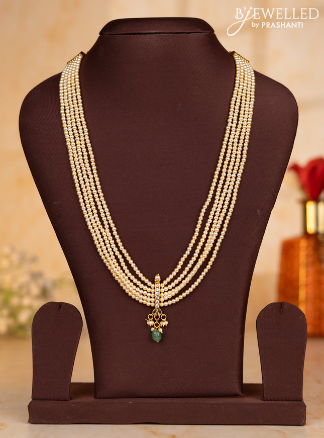 Pearl multilayer necklace with kemp & cz stones and pearl & green beads hangings without earrings