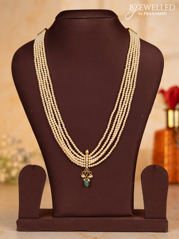 Pearl multilayer necklace with kemp & cz stones and pearl & green beads hangings without earrings