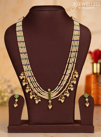 Pearl multilayer necklace with kemp & kundan stones and pearl hangings