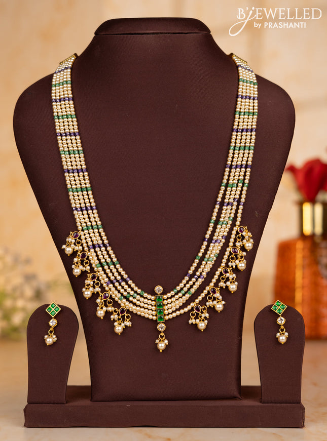 Pearl multilayer necklace with kemp & kundan stones and pearl hangings