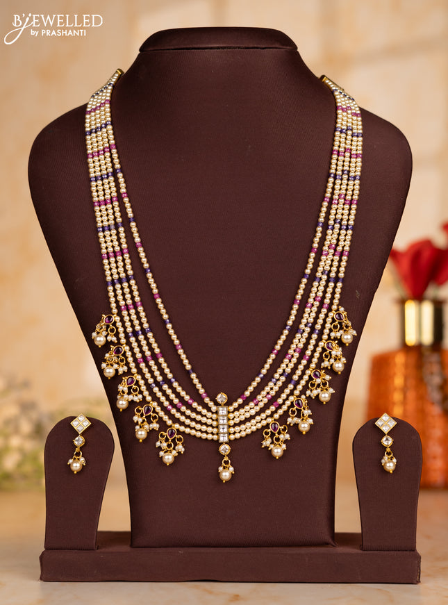 Pearl multilayer necklace with kundan stones and pearl hangings