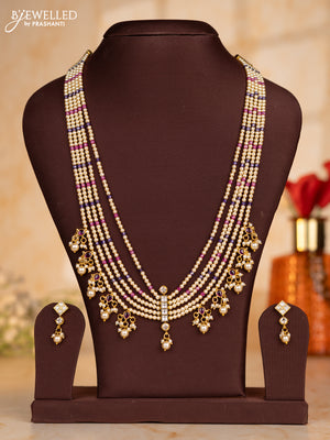 Pearl multilayer necklace with kundan stones and pearl hangings