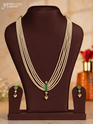 Pearl multilayer necklace with emerald & kundan stones and pearl hangings