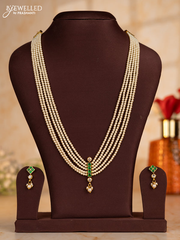Pearl multilayer necklace with emerald & kundan stones and pearl hangings
