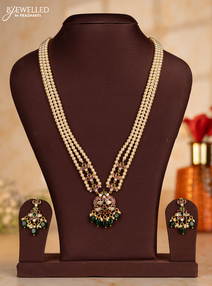 Pearl triple layer necklace with kemp & cz stones and pearl & green beads hangings