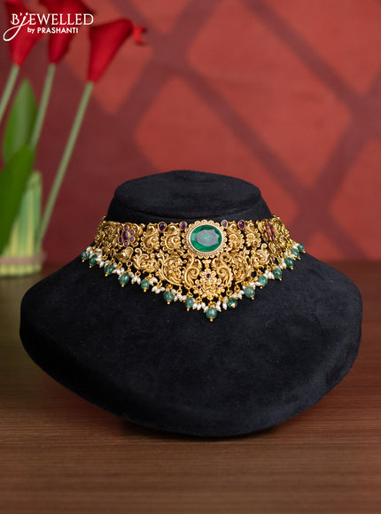 Antique choker floral design with kemp and cz stones in green beads hangings