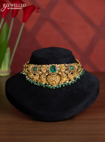 Antique choker floral design with green kemp and cz stones in green beads hangings