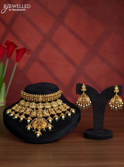 Antique big choker lakshmi & peacock design with kemp and kundan stones in pearl hangings