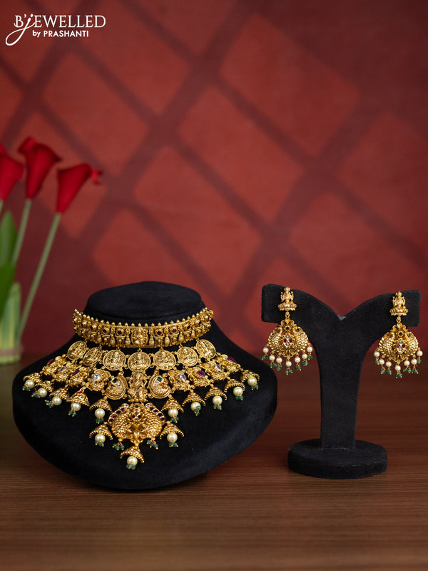 Antique big choker lakshmi & peacock design with kemp and kundan stones in pearl hangings