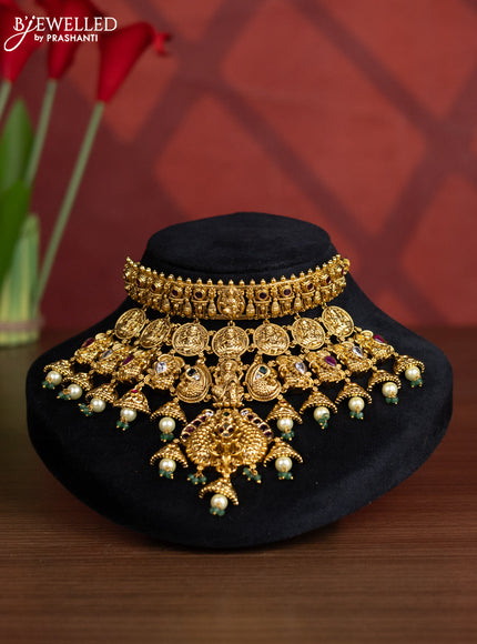 Antique big choker lakshmi & peacock design with kemp and kundan stones in pearl hangings