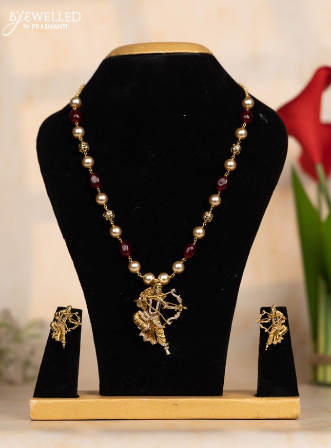 Beaded maroon necklace with ramar pendant and ruby & cz stones in victorian finish