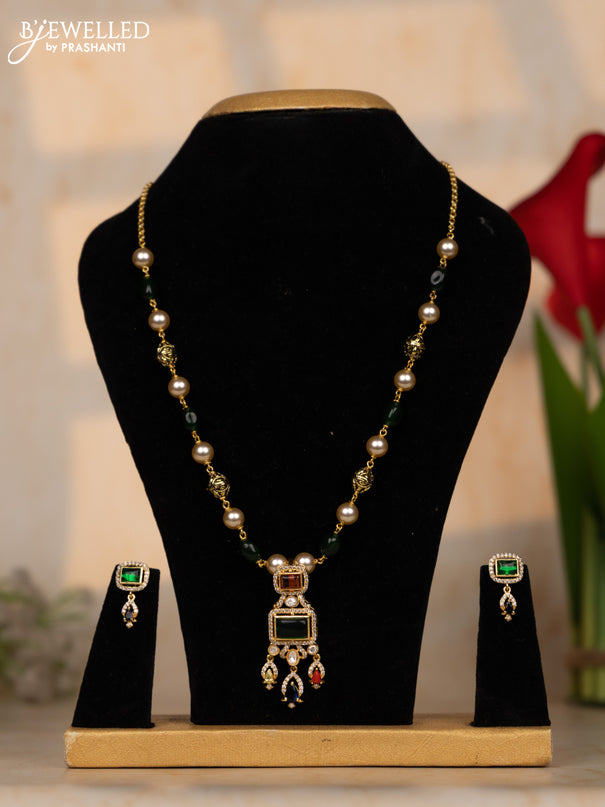 Beaded green necklace with multicolour and cz stones in victorian finish