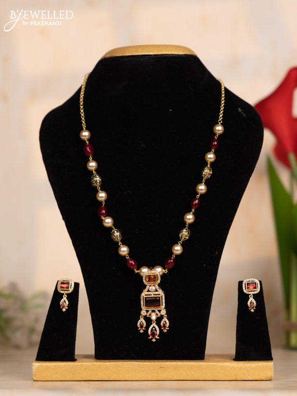 Beaded maroon necklace with ruby & kundan cz stones in victorian finish