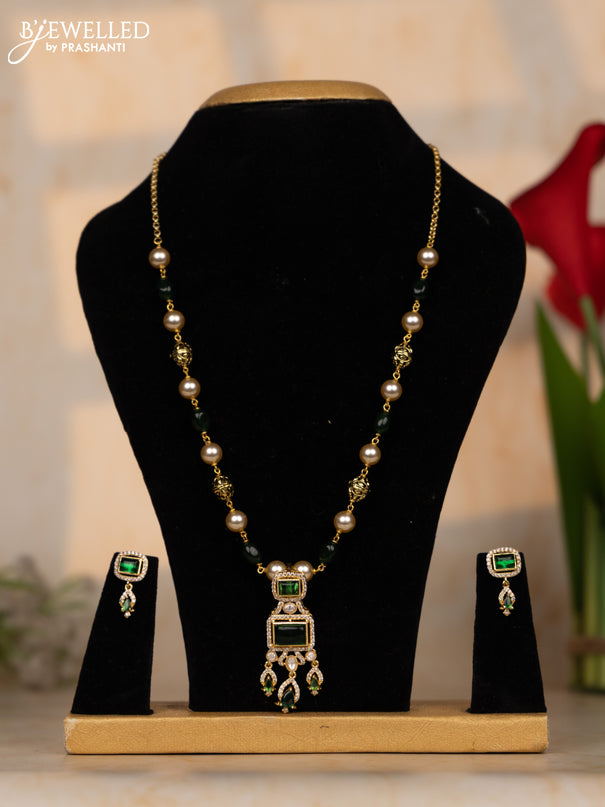 Beaded green necklace with emerald & kundan cz stones in victorian finish