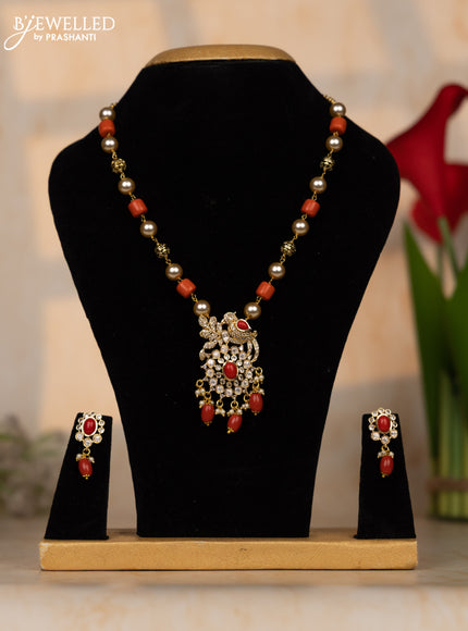 Beaded pavalam necklace with kundan & cz stones and beads hangings in victorian finish