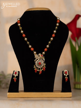 Beaded pavalam necklace with kundan & cz stones and beads hangings in victorian finish