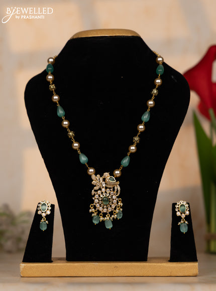 Beaded mint green necklace with kundan & cz stones and beads hangings in victorian finish