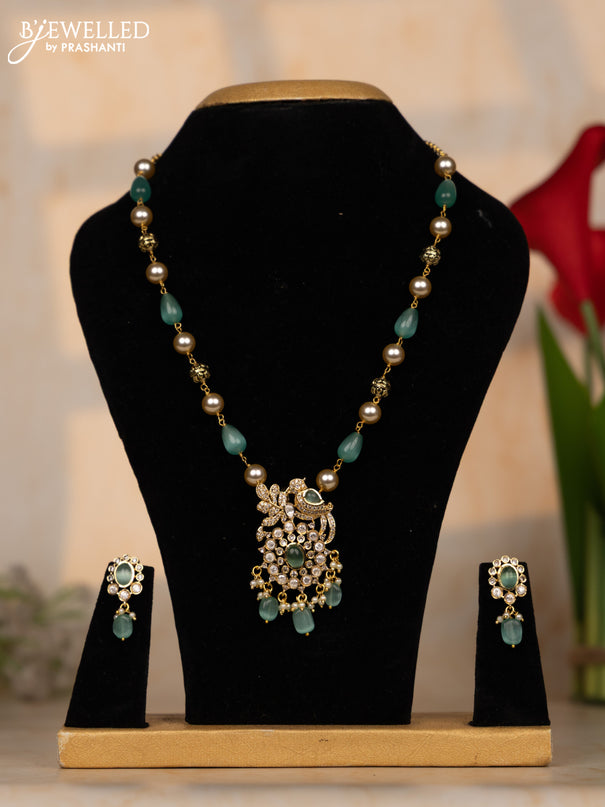 Beaded mint green necklace with kundan & cz stones and beads hangings in victorian finish